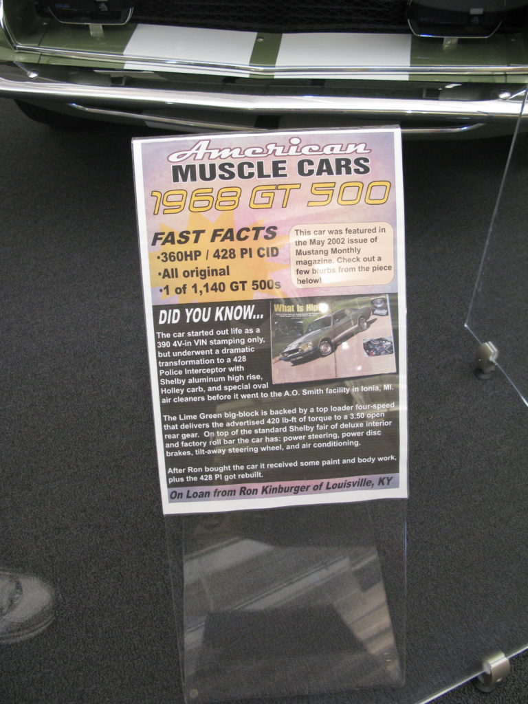 Bowling Green, KY - Vette Museum 1968 Ford Mustang Shelby GT Specs
