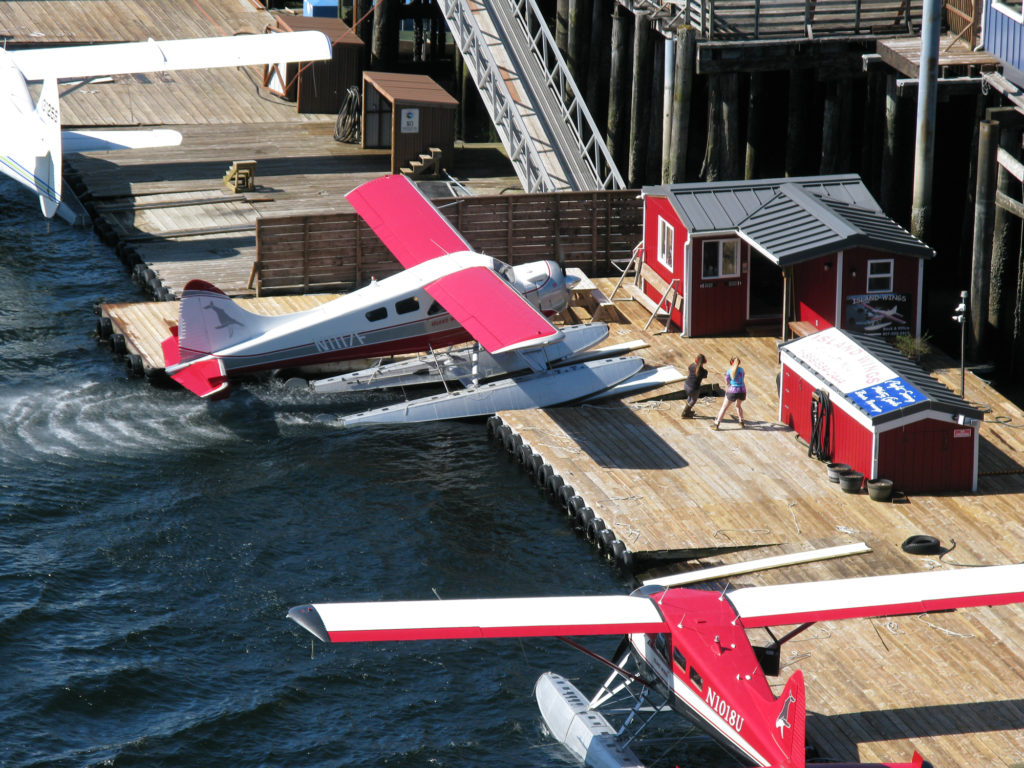 A sea plane docking in Ketchikan
